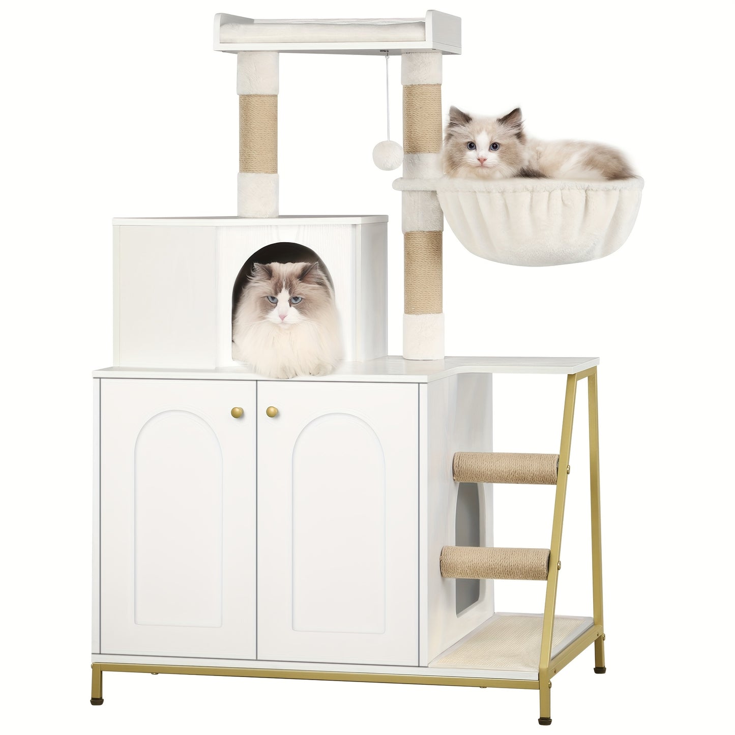 Luxury Multi-Level Cat Condo & Tower with Litter Box Cabinet Storage