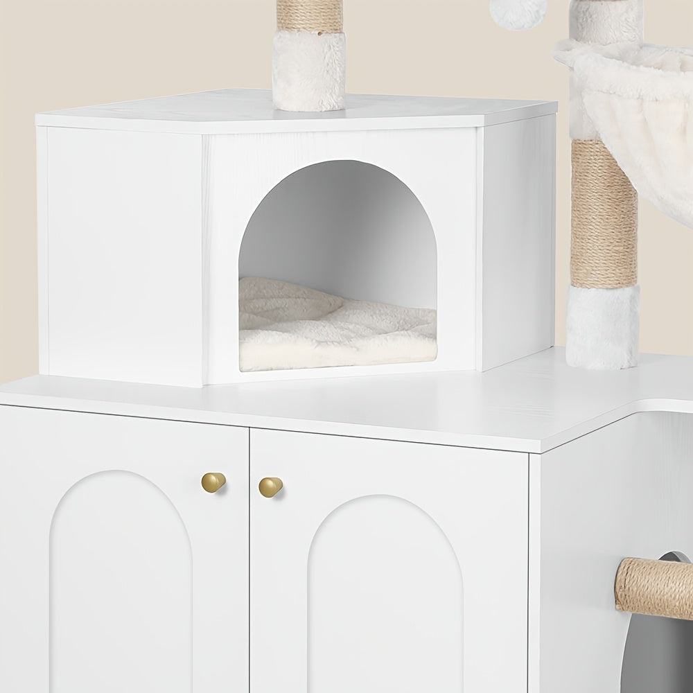 Luxury Multi-Level Cat Condo & Tower with Litter Box Cabinet Storage