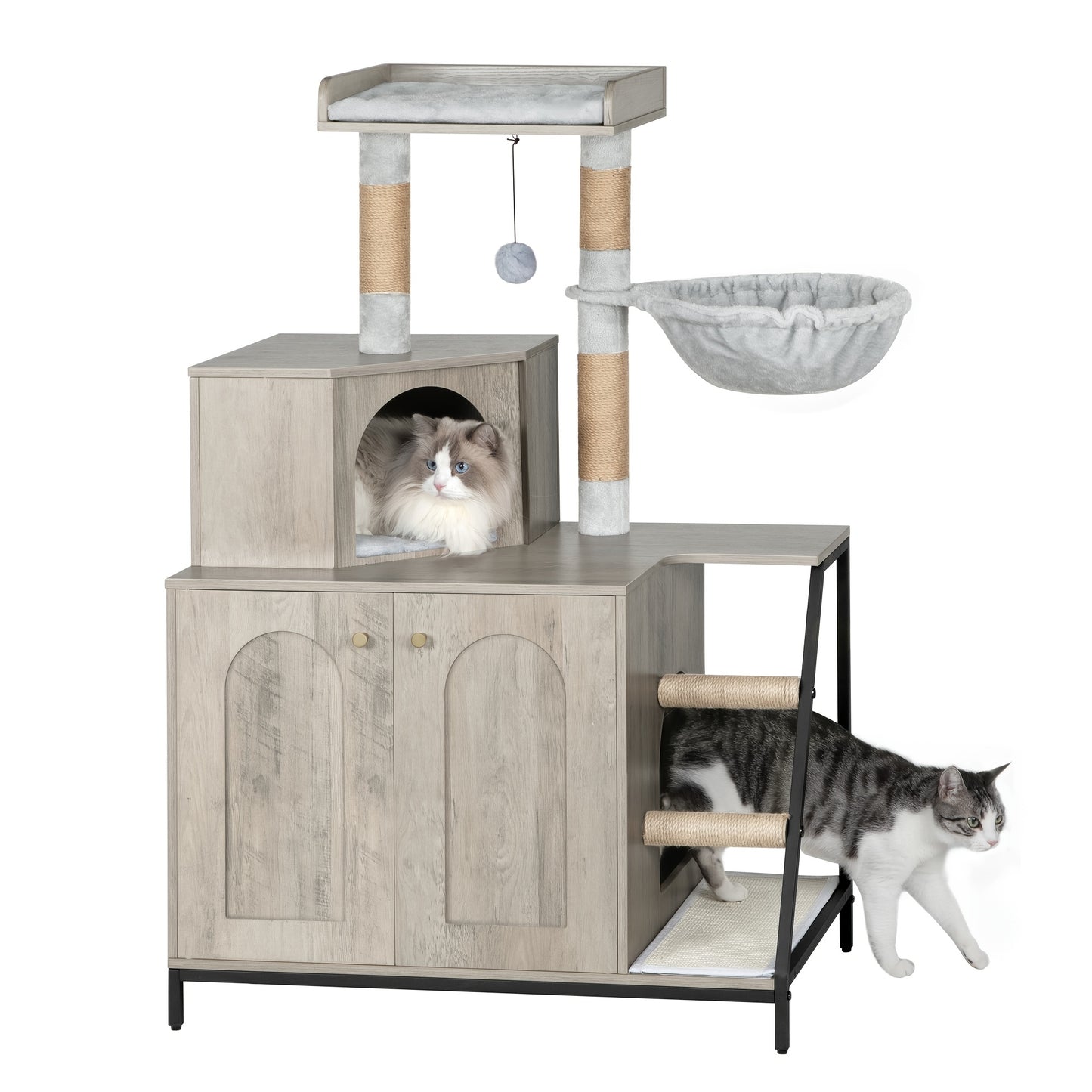 Luxury Multi-Level Cat Condo & Tower with Litter Box Cabinet Storage