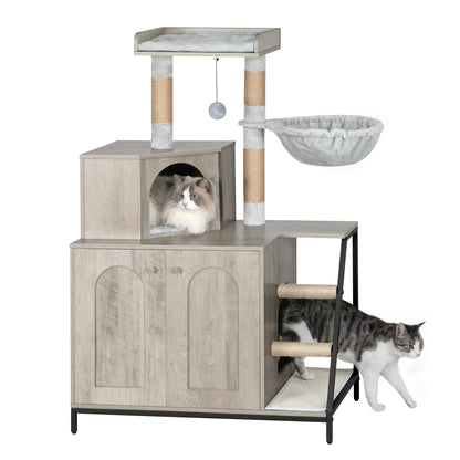 Luxury Multi-Level Cat Condo & Tower with Litter Box Cabinet Storage