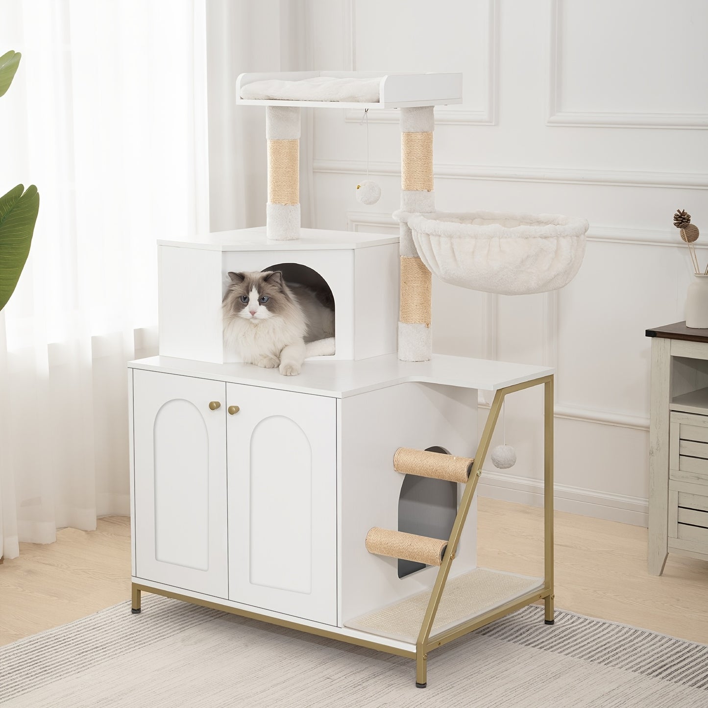 Luxury Multi-Level Cat Condo & Tower with Litter Box Cabinet Storage