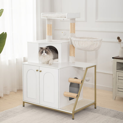 Luxury Multi-Level Cat Condo & Tower with Litter Box Cabinet Storage