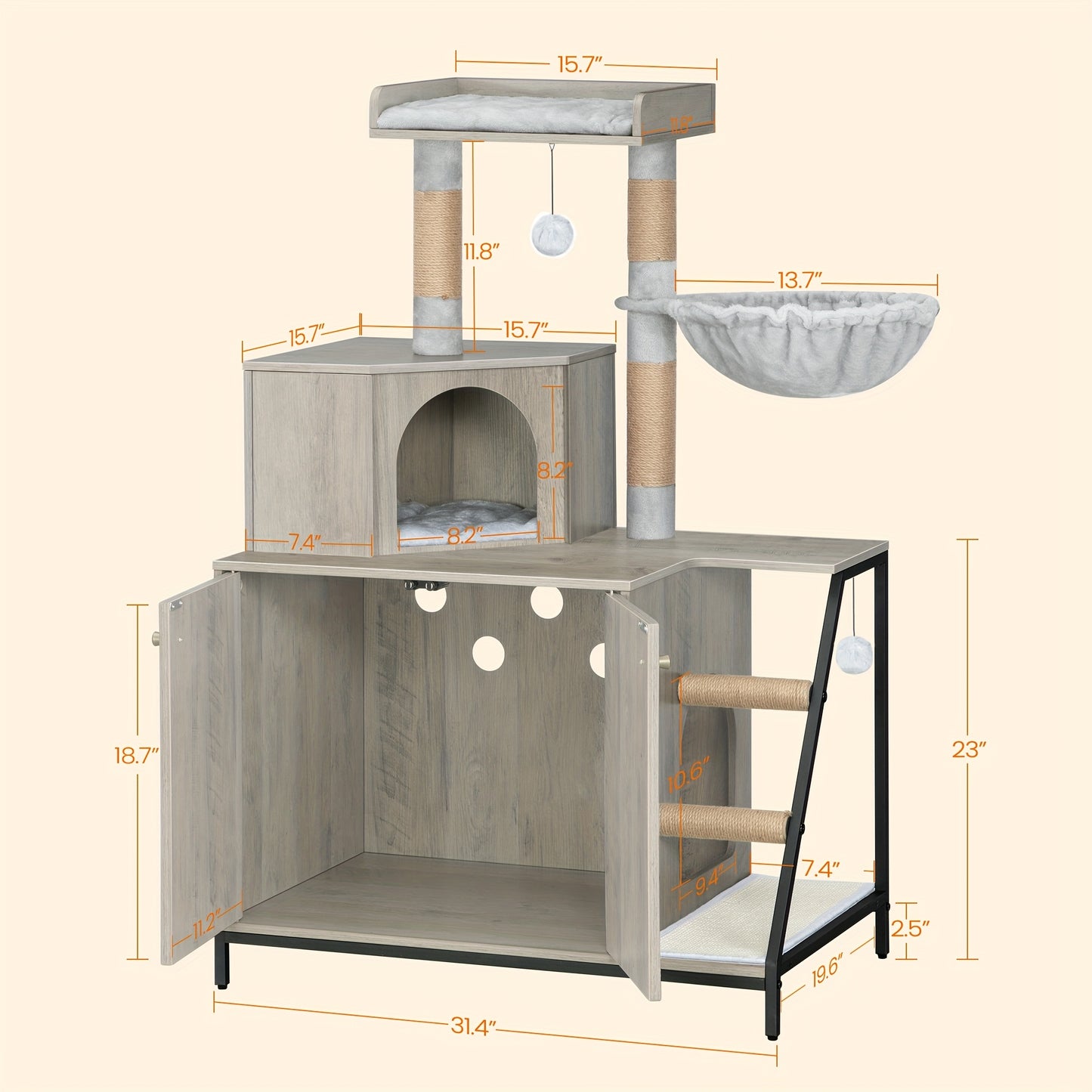 Luxury Multi-Level Cat Condo & Tower with Litter Box Cabinet Storage