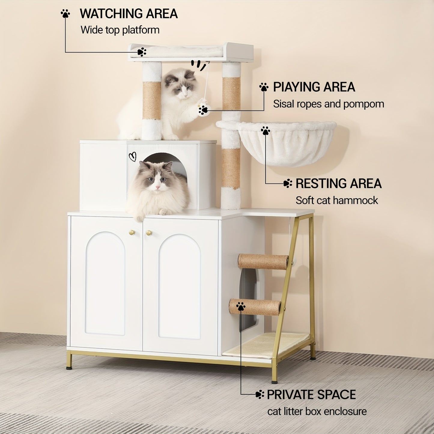 Luxury Multi-Level Cat Condo & Tower with Litter Box Cabinet Storage