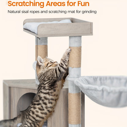 Luxury Multi-Level Cat Condo & Tower with Litter Box Cabinet Storage