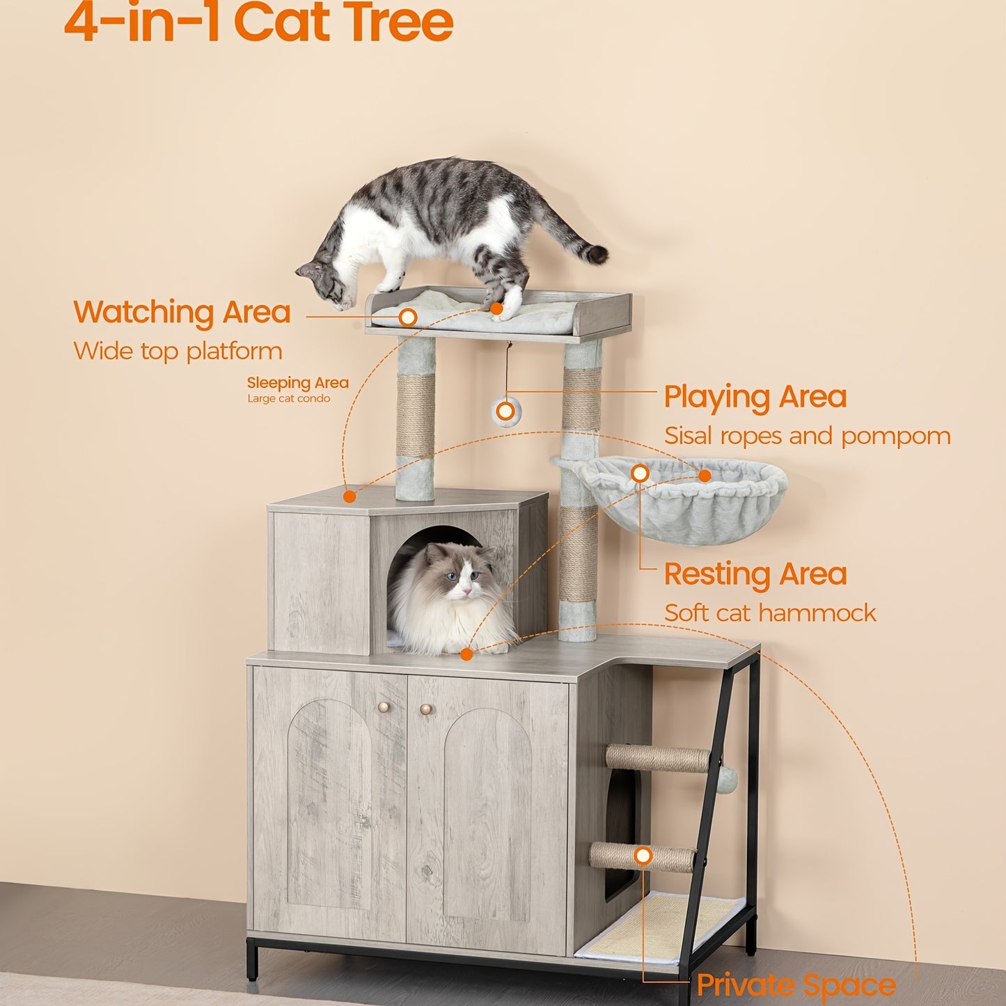 Luxury Multi-Level Cat Condo & Tower with Litter Box Cabinet Storage
